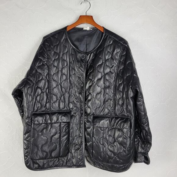 Mimosa Womens Jacket Size M Black PU Leather Quiltted Oversized Patch Pockets - Picture 1 of 13